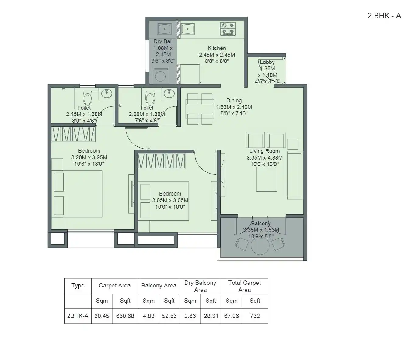 Kohinoor Sapphire 3 Unit plan - 794 sq.ft.