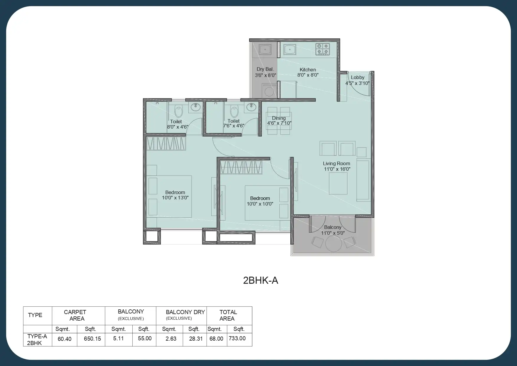 Kohinoor Viva City Unit plan - 733 sq.ft.