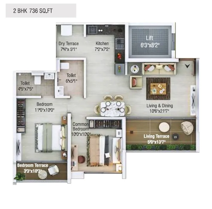 Shaligram Sky Unit plan - 736 sq.ft.