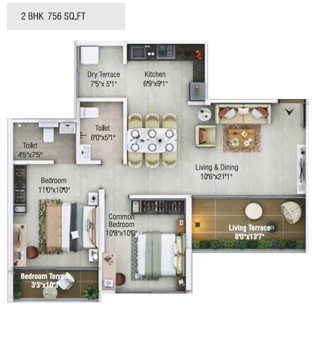 Shaligram Sky Unit plan - 756 sq.ft.