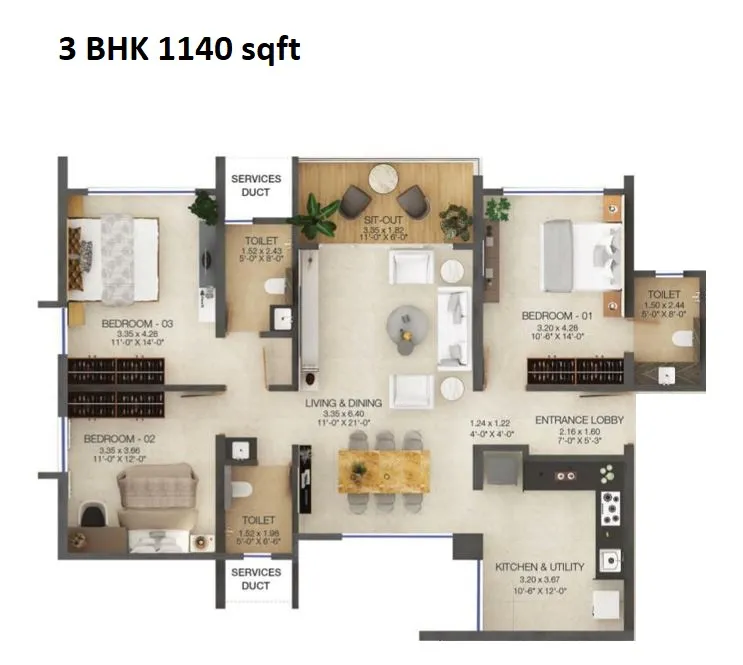 Majestique The Ornate Unit plan - 1140 sq.ft.