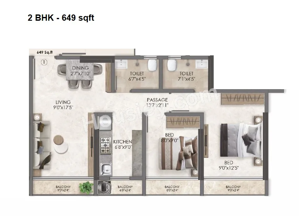 Adityaraj Landmark Unit plan - 649 sq.ft.
