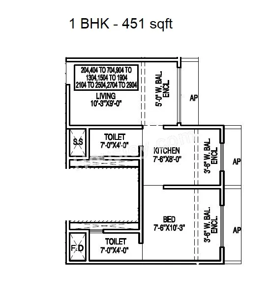 Agarwal Sky Heights Unit plan - 451 sq.ft.