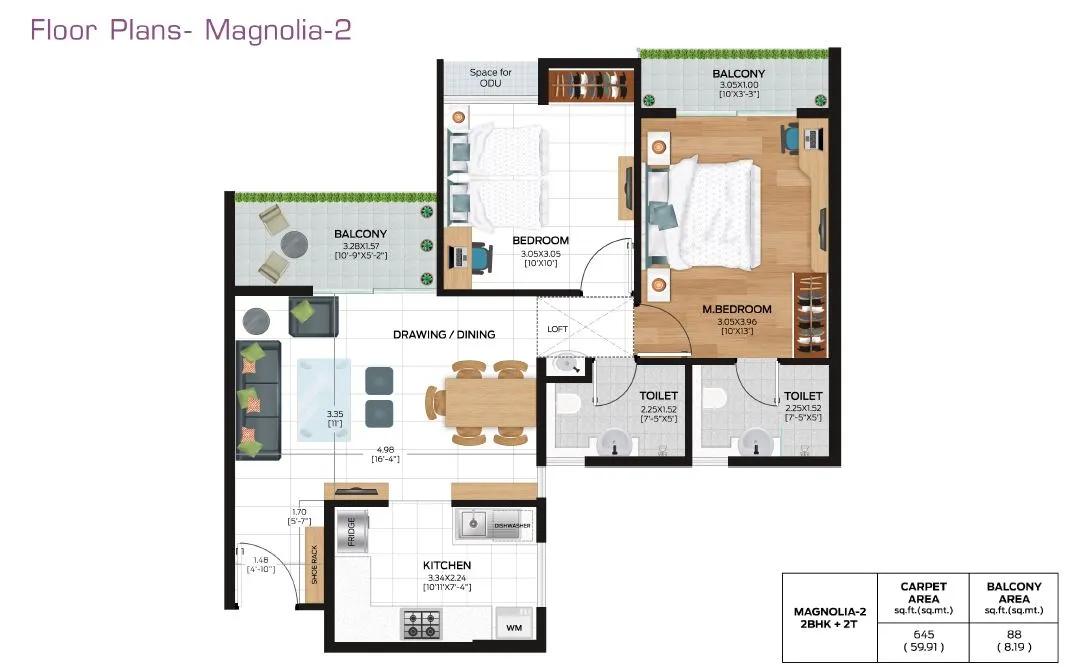 Ashiana Malhar Unit plan - 733 sq.ft.