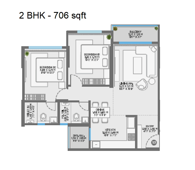 Ranavat Aura Waters Unit plan - 706 sq.ft.