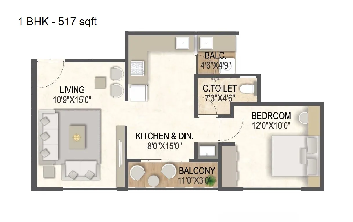 Austin Arena Unit plan - 517 sq.ft.