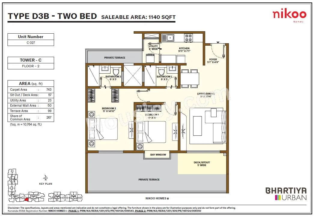 Bhartiya City Nikoo Homes 6 Unit plan - 743 sq.ft.
