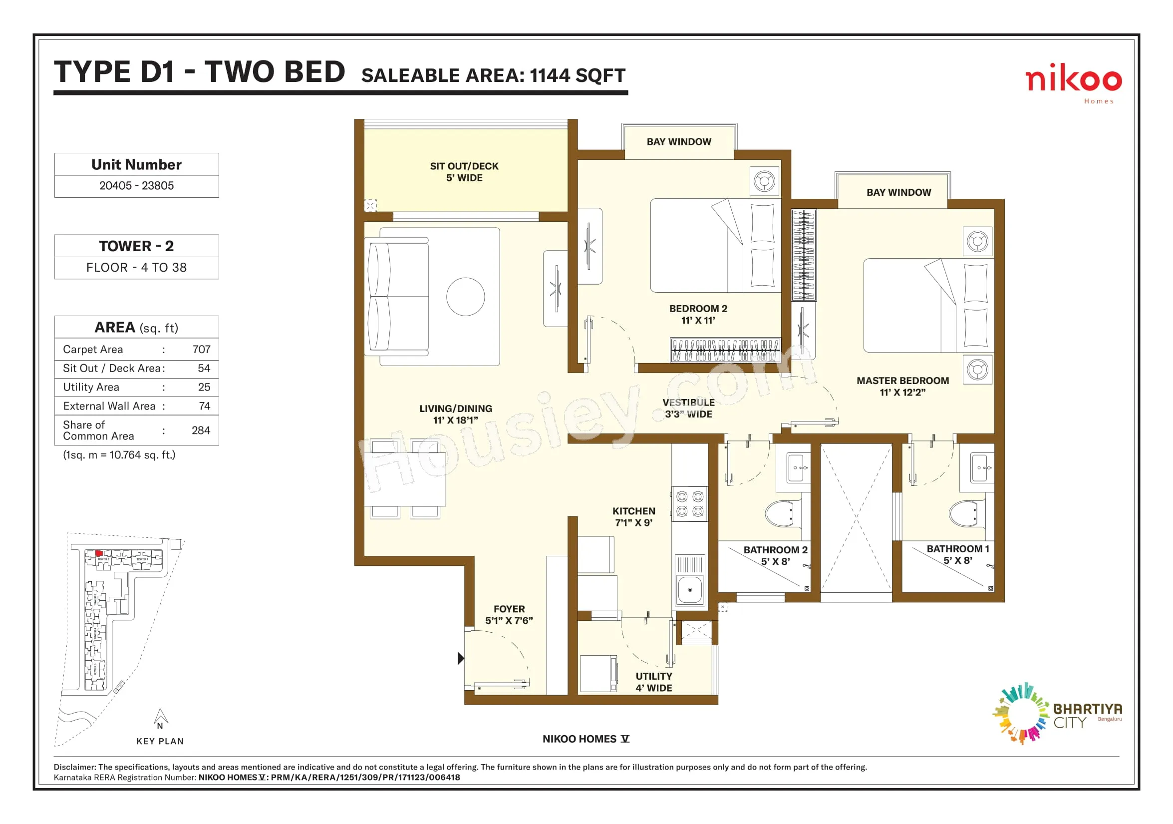 Bhartiya Nikoo Homes 5 Unit plan - 707 sq.ft.