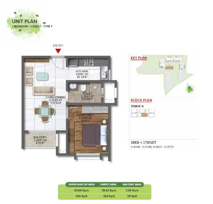 Brigade Sanctuary Unit plan - 424 sq.ft.