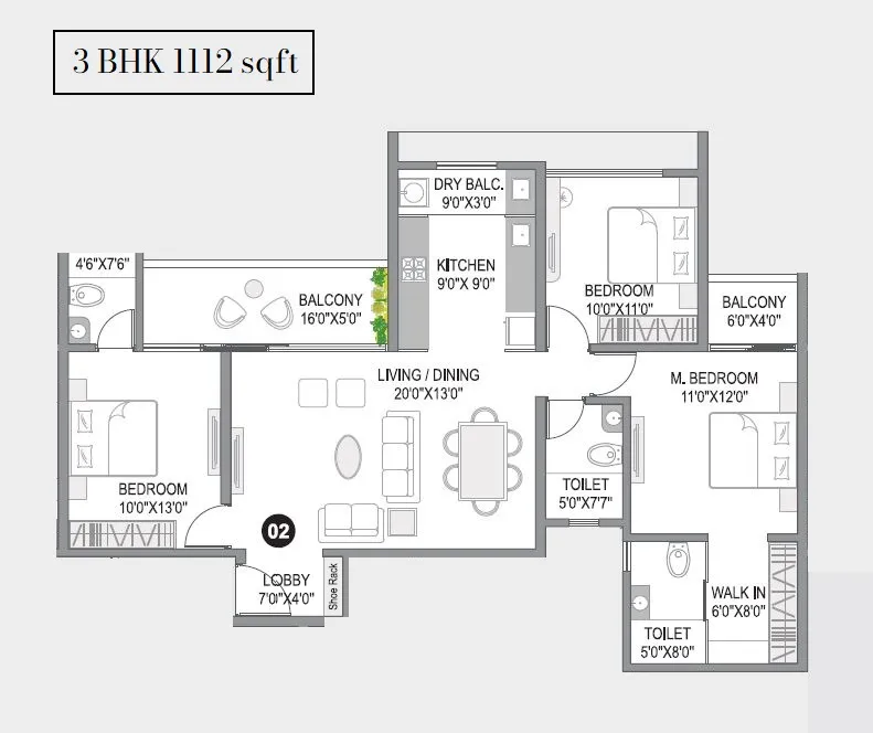 CityOne Vezdaa Unit plan - 1112 sq.ft.