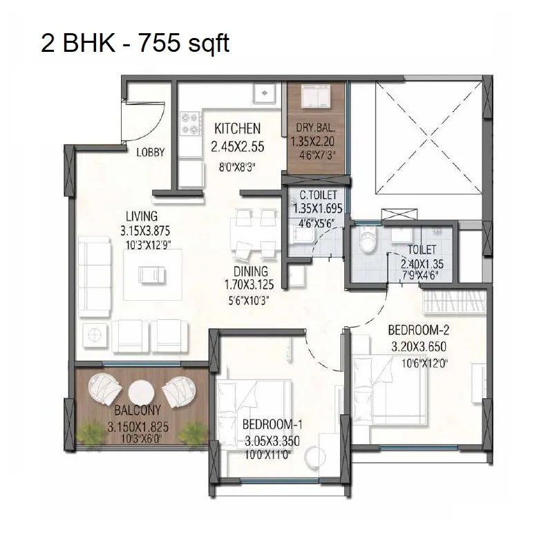 Aryavart Codename Humanistic Unit plan - 755 sq.ft.