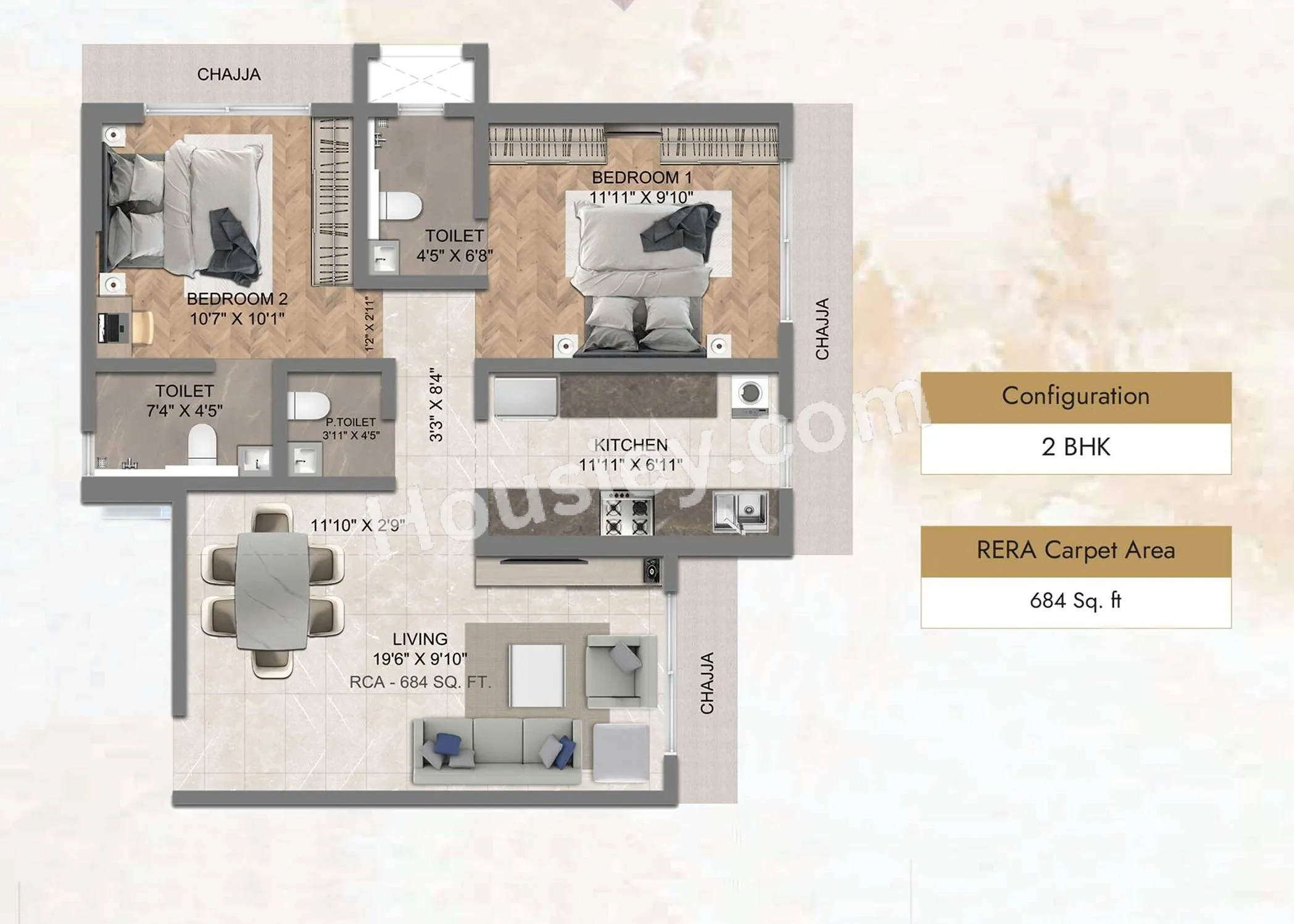 Dem Icon Unit plan - 684 sq.ft.