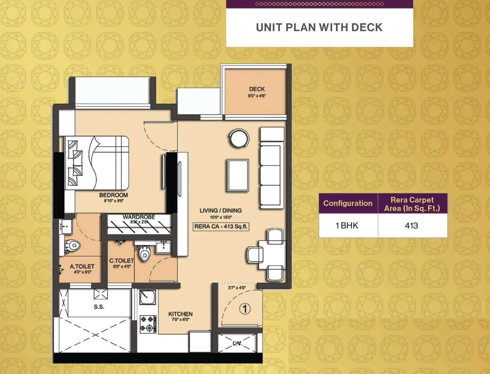 Dotom Sapphire Unit plan - 413 sq.ft.