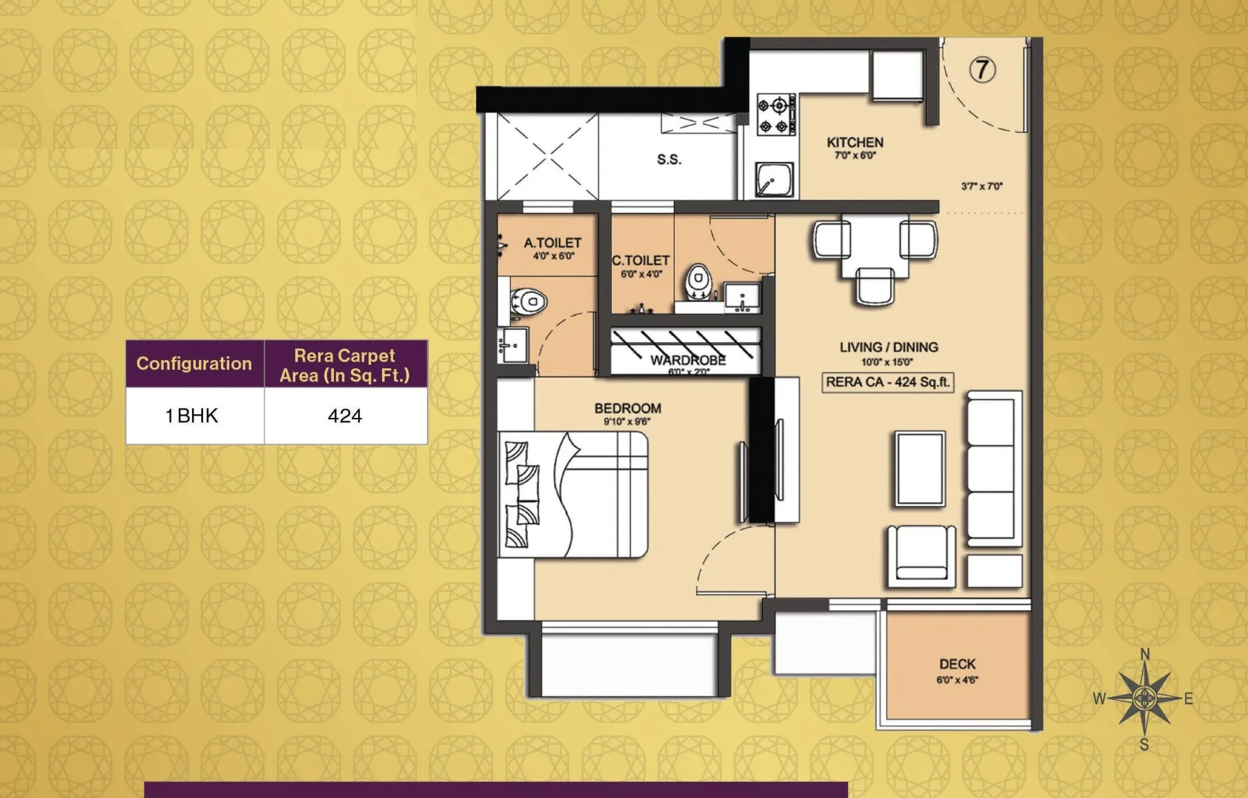 Dotom Sapphire Unit plan - 424 sq.ft.