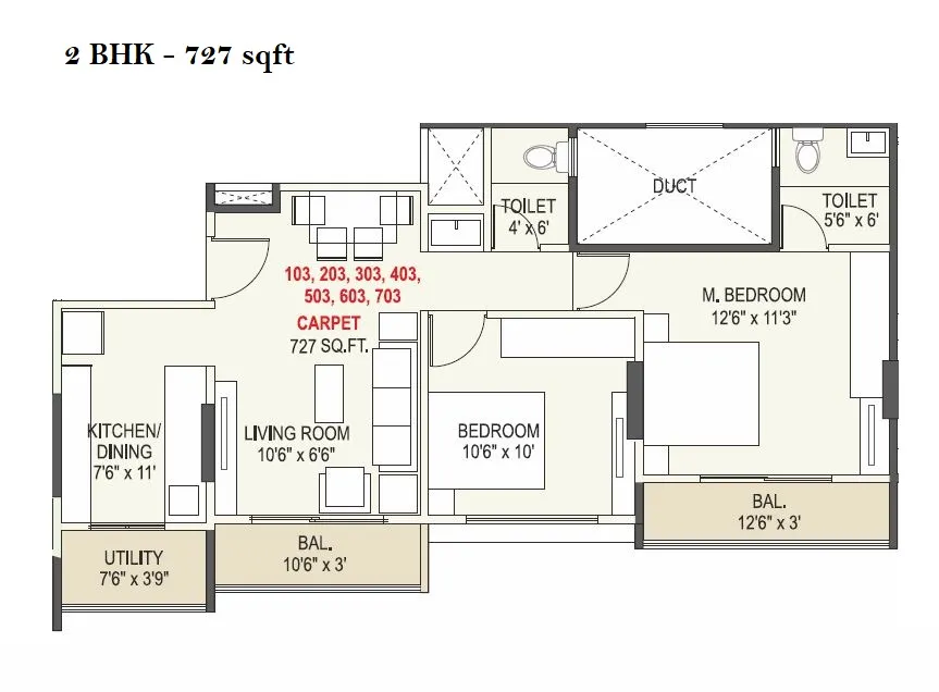 Elegance Vega Unit plan - 727 sq.ft.