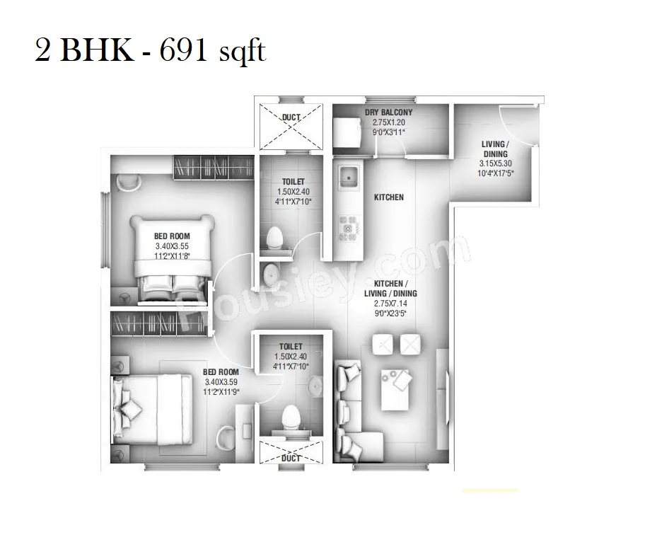 Ganga Altus Unit plan - 691 sq.ft.