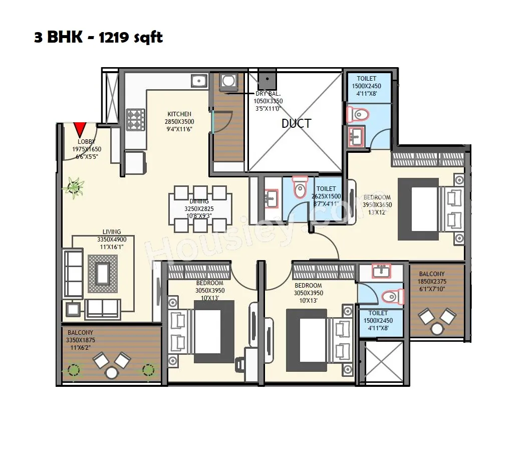 Ganga Avanta Unit plan - 1219 sq.ft.