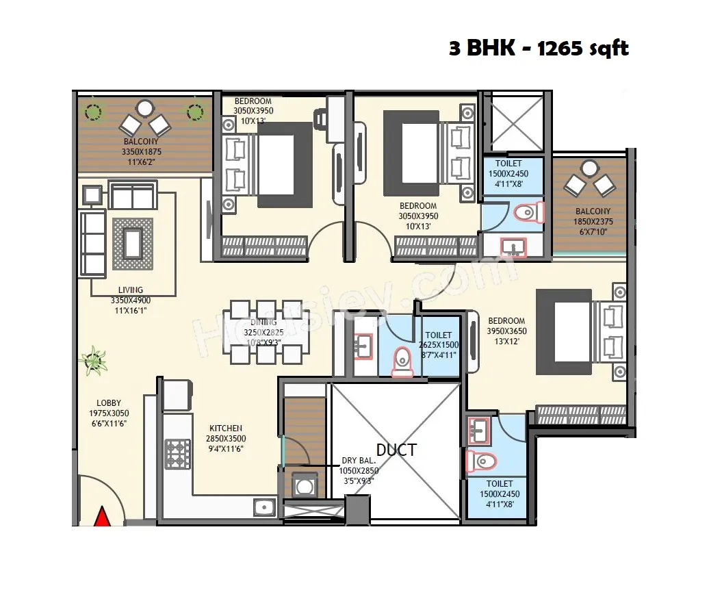 Ganga Avanta Unit plan - 1265 sq.ft.