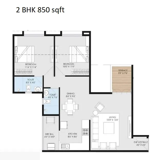 Ganga Utopia Unit plan - 850 sq.ft.