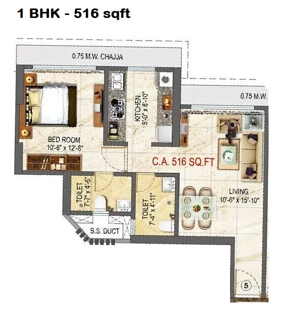 Gauri Grandeur Unit plan - 516 sq.ft.