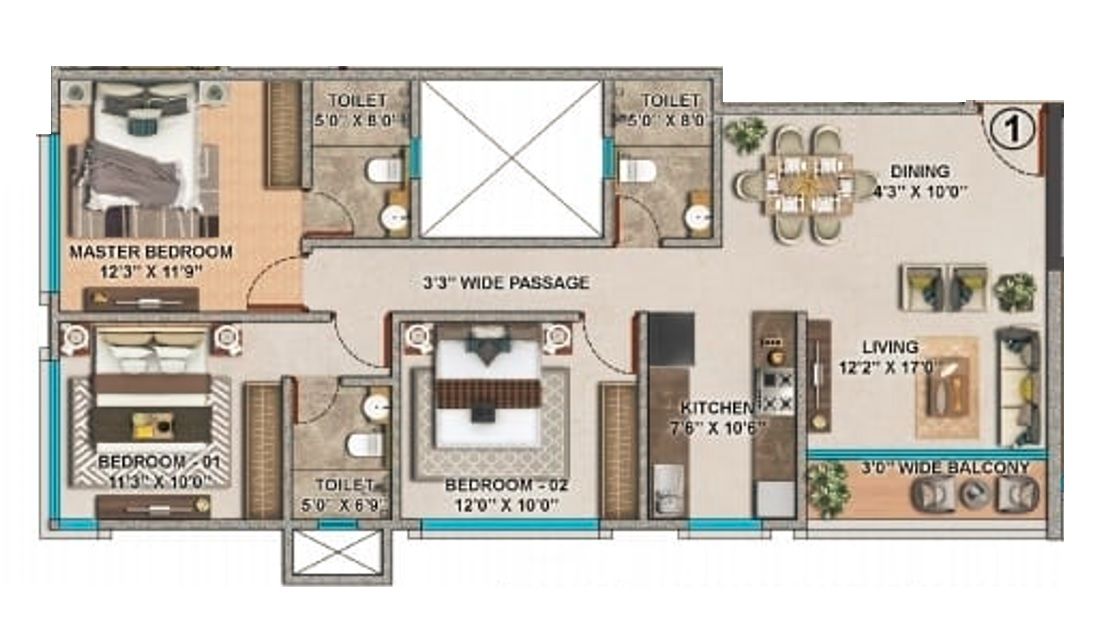 Gruham Yog Aashray Unit plan - 1077 sq.ft.