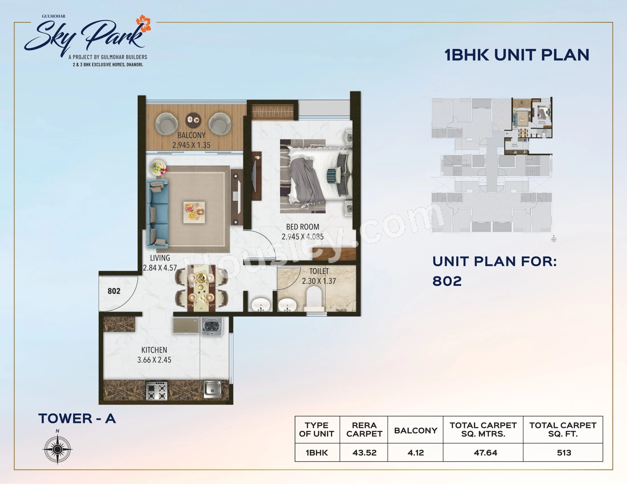 Gulmohar Sky Park Unit plan - 513 sq.ft.