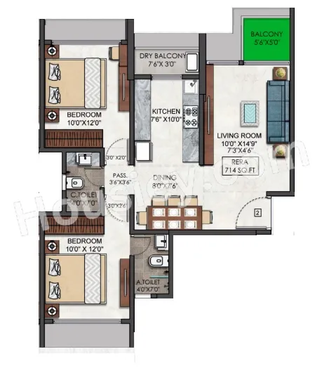 Gurukrupa Dhyanam Unit plan - 714 sq.ft.