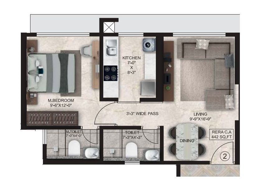 Gurukrupa Marina Enclave Unit plan - 442 sq.ft.