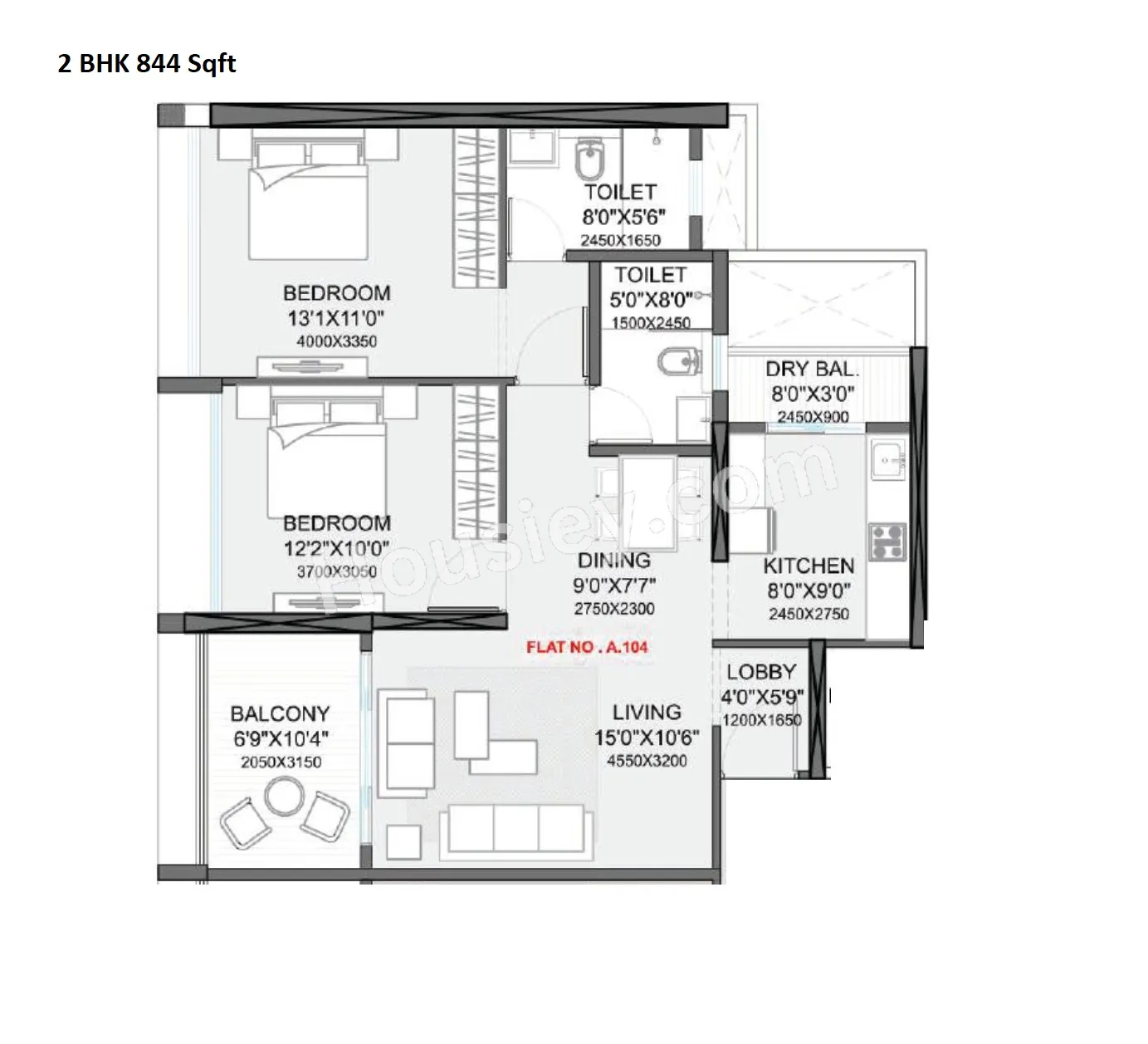 Holystico Astrana Unit plan - 844 sq.ft.
