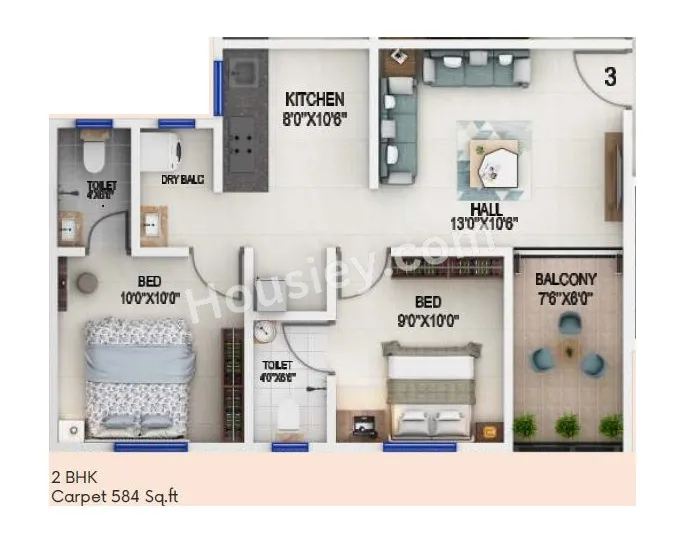 IRIS Capetown Heights Unit plan - 584 sq.ft.