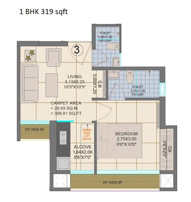 JVM Aroma Unit plan - 319 sq.ft.