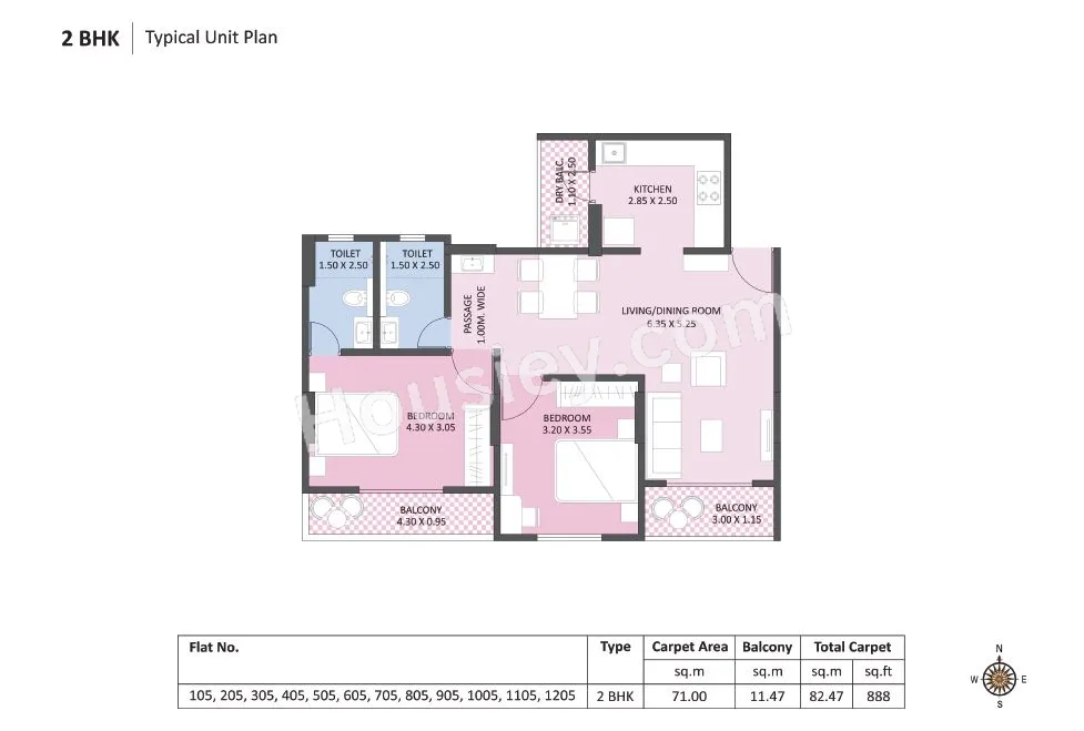 Kakkad Kailash Kutir Unit plan - 888 sq.ft.
