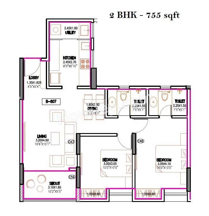 Kalcon Zenone Unit plan - 755 sq.ft.