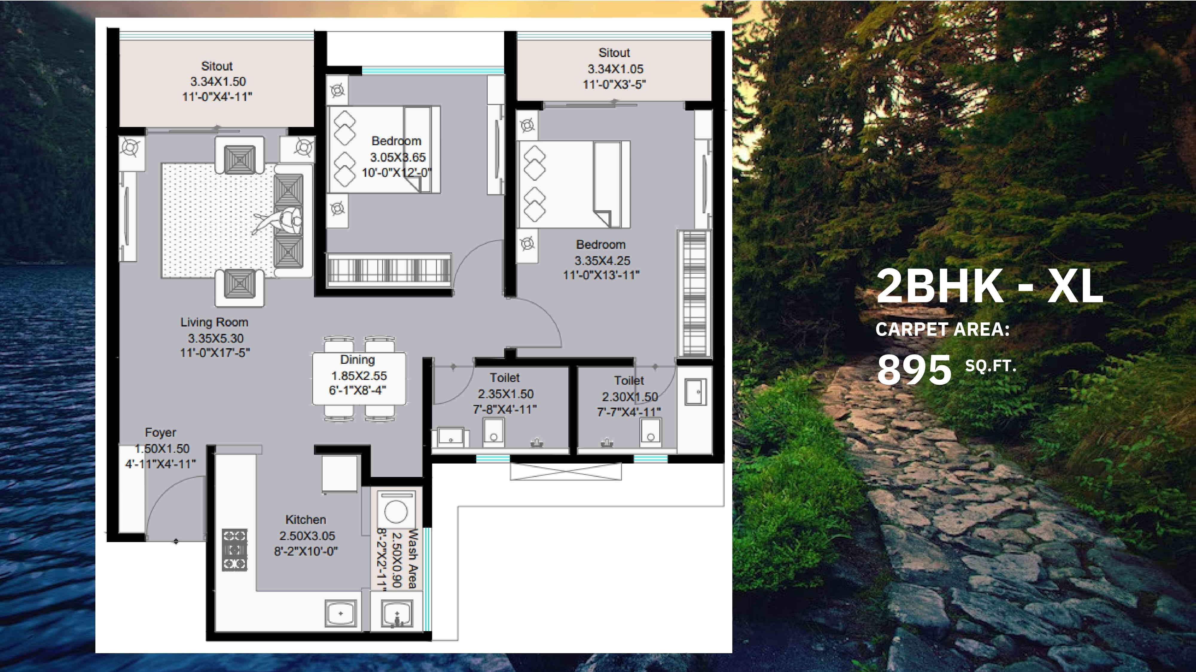 Kohinoor Bhugaon Unit plan - 895 sq.ft.
