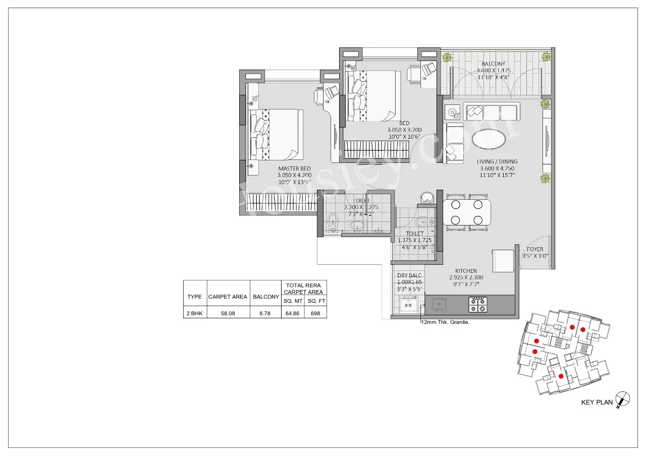 Krishna Aviro Unit plan - 698 sq.ft.