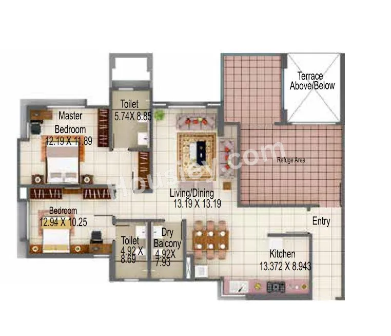 Kumar Princetown Royal Unit plan - 974 sq.ft.