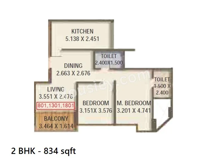 Kumar Prithvi Unit plan - 834 sq.ft.
