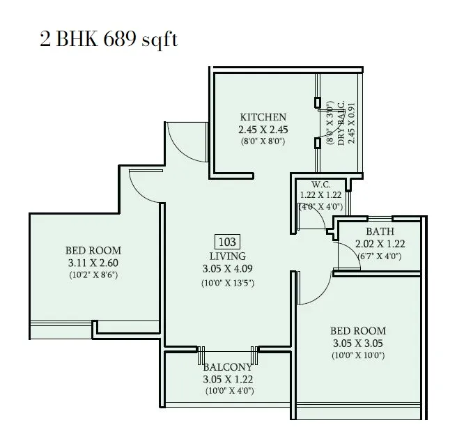 Kundan Easterlia Unit plan - 689 sq.ft.