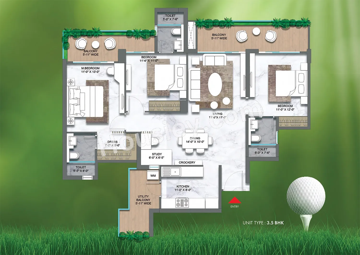 M3M Golf Hills Unit plan - 1437 sq.ft.