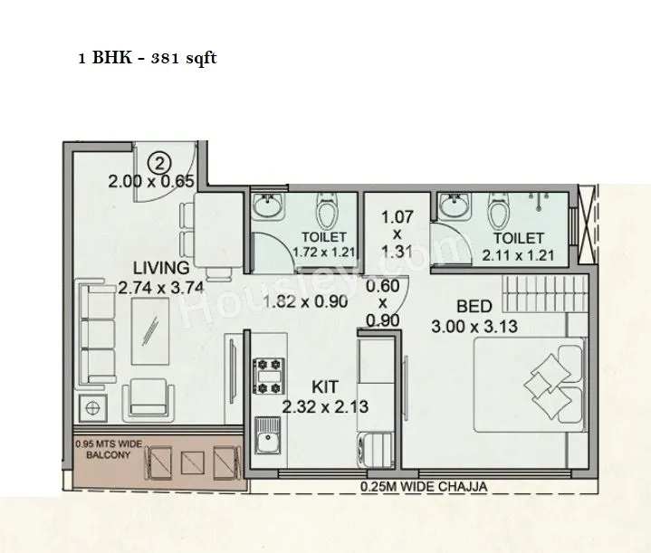 MK Emerald Unit plan - 381 sq.ft.