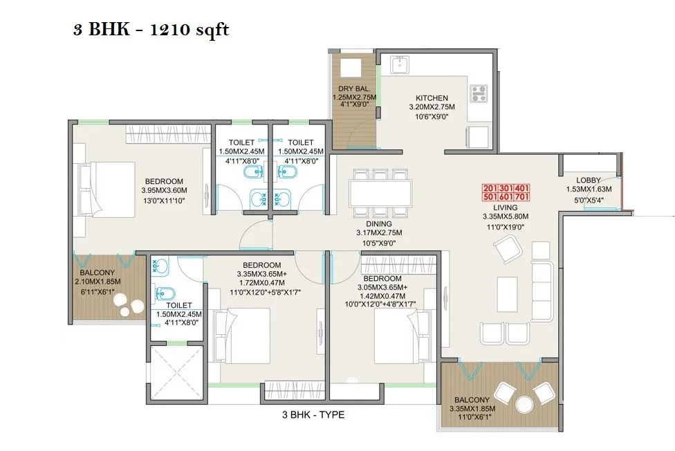 Majestique Elysian Unit plan - 1210 sq.ft.