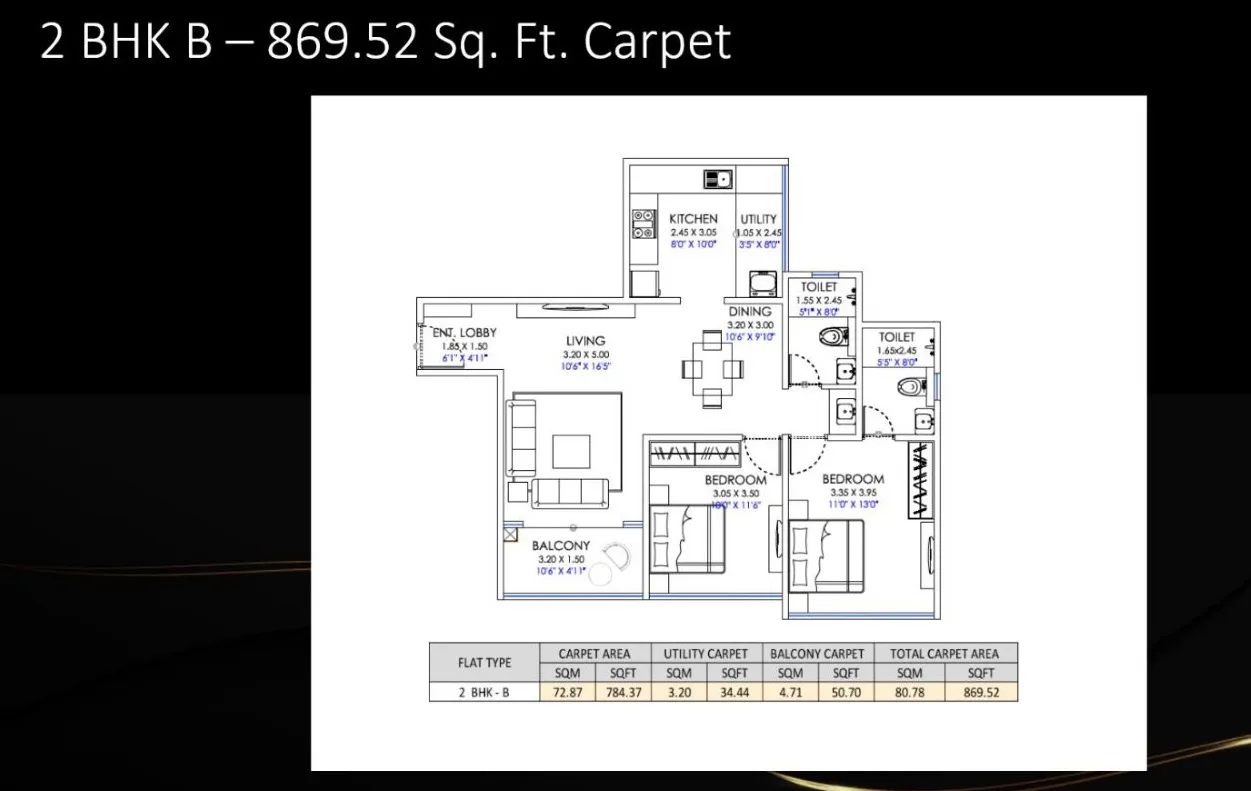 Merlin Glam Unit plan - 870 sq.ft.