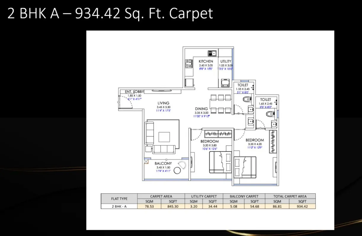 Merlin Glam Unit plan - 934 sq.ft.