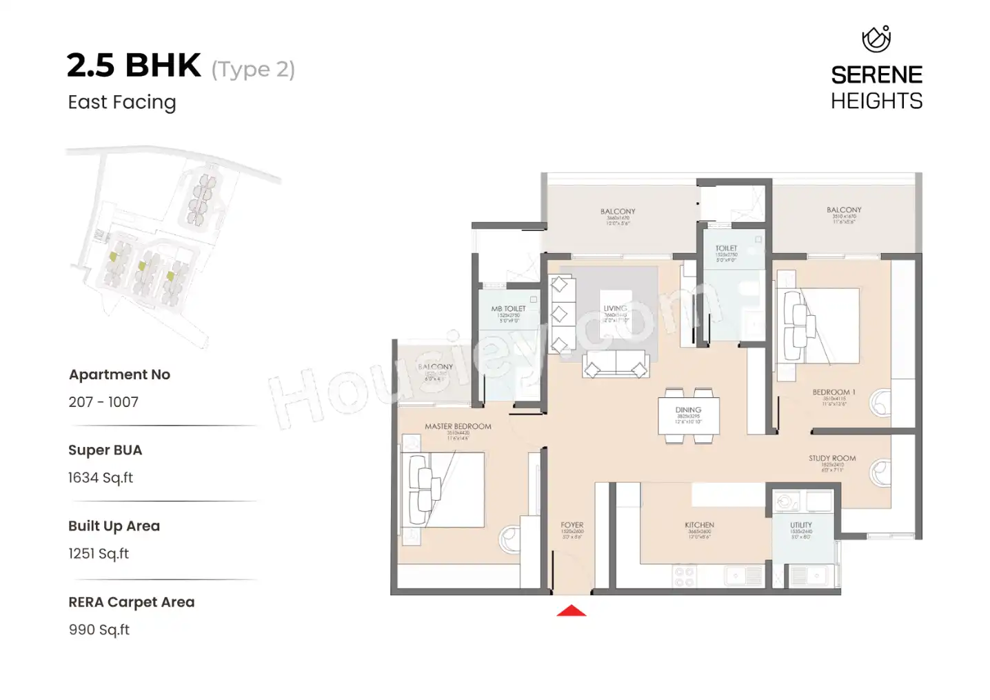 Modern Spaaces Serene Heights Unit plan - 990 sq.ft.