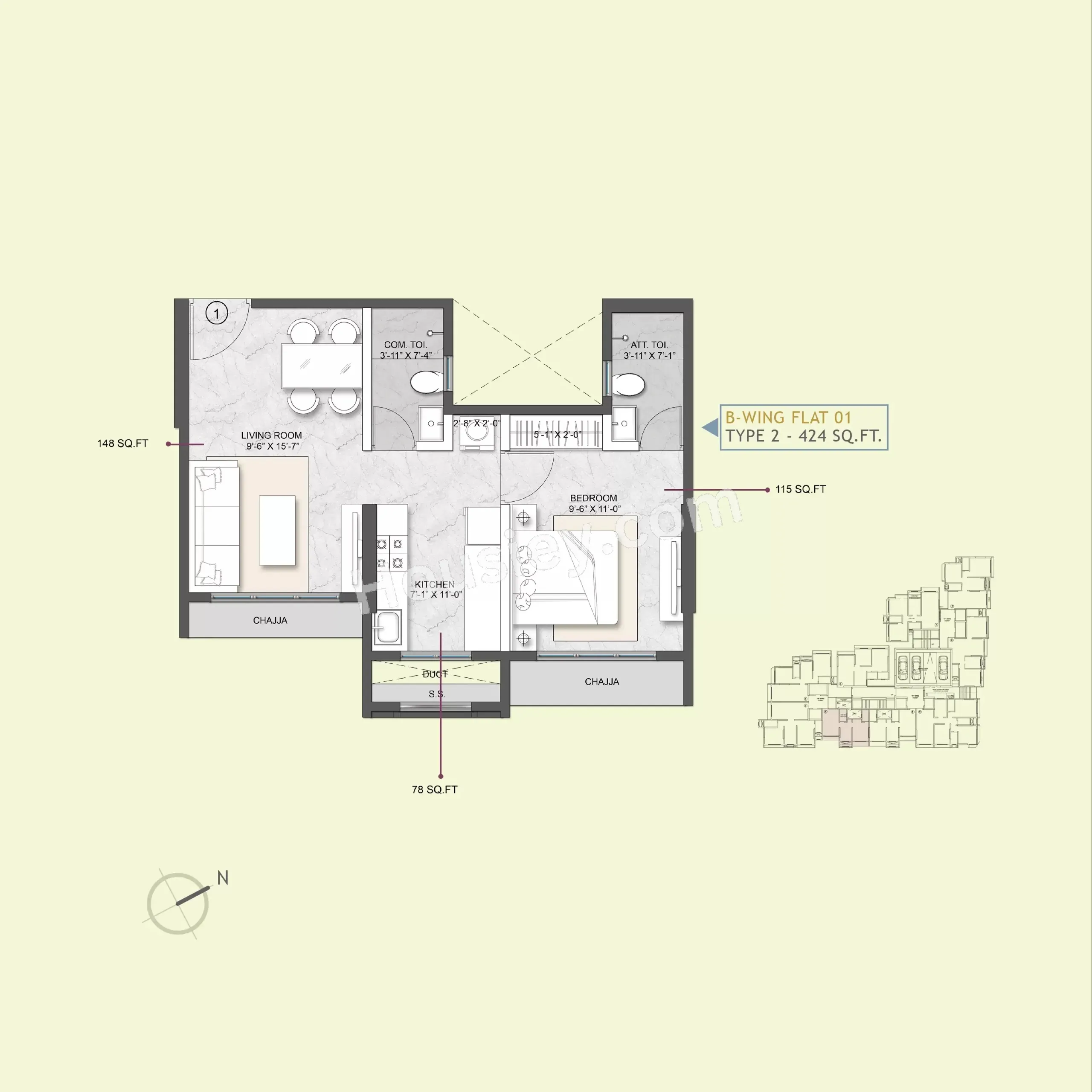 Modirealty Ashvattha Unit plan - 424 sq.ft.