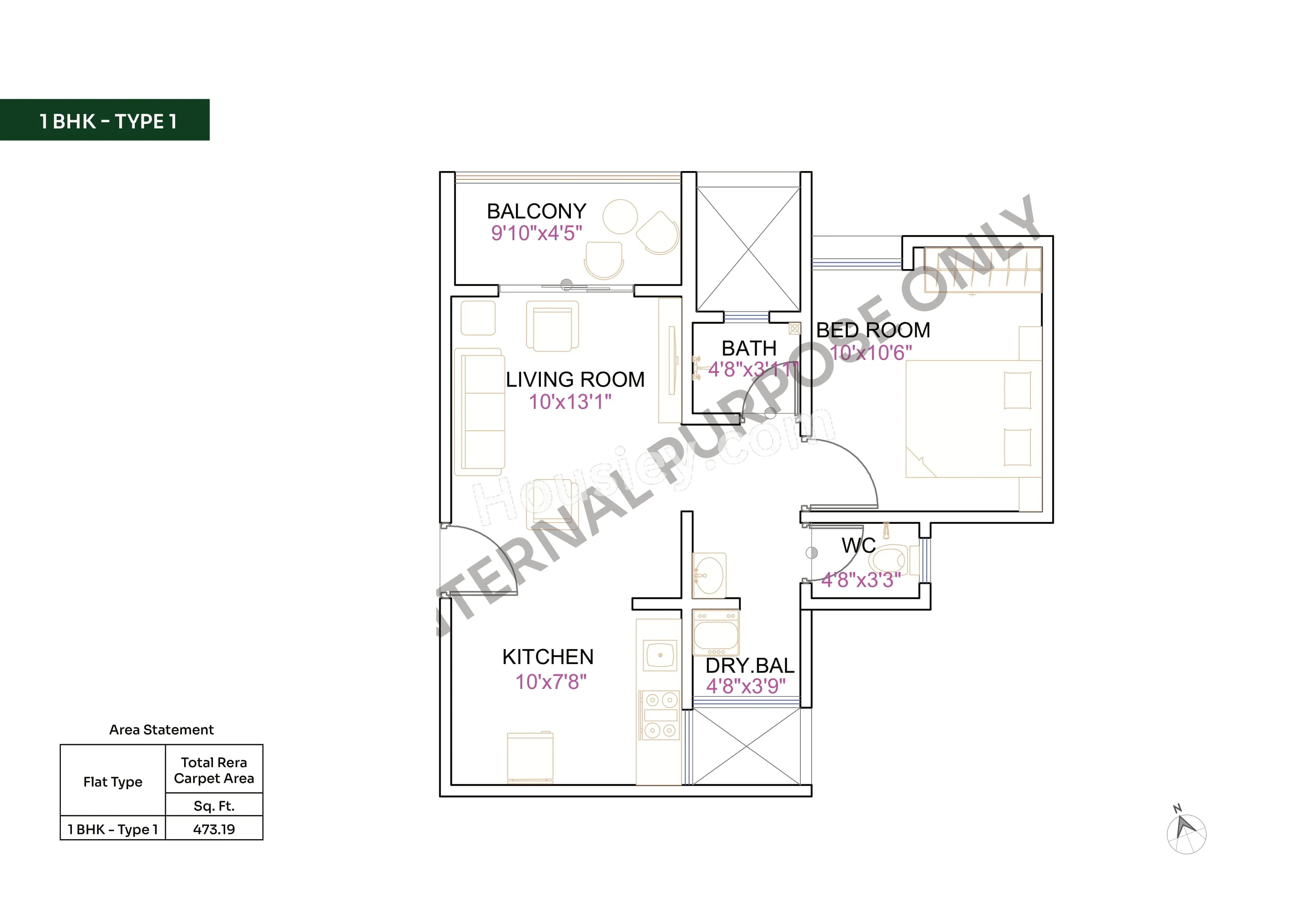 New Front 48 Central Park Unit plan - 473 sq.ft.
