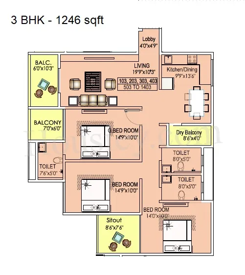 Bhaktisagar Palaash Oak Prime Unit plan - 1246 sq.ft.