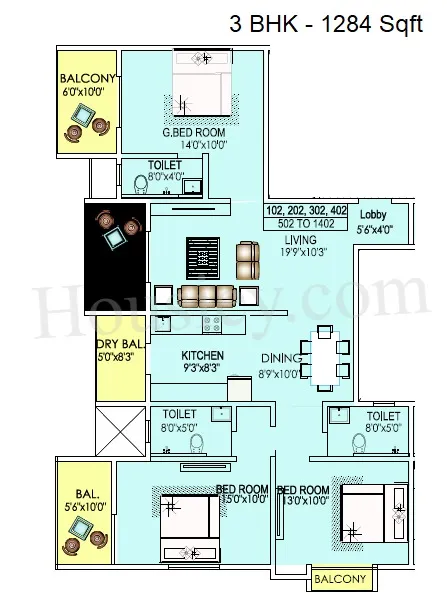 Bhaktisagar Palaash Oak Prime Unit plan - 1284 sq.ft.