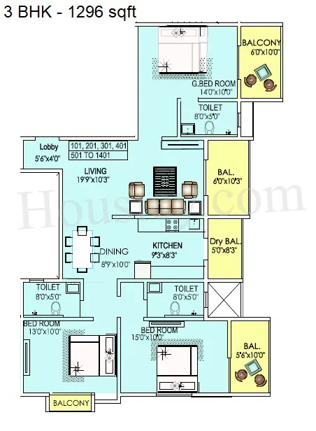 Bhaktisagar Palaash Oak Prime Unit plan - 1296 sq.ft.