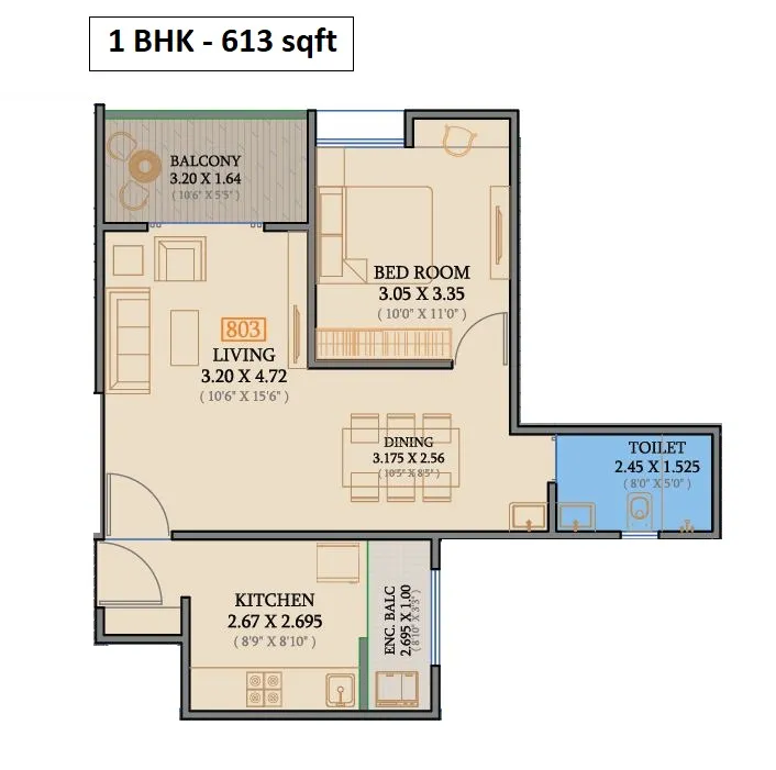 Pristine Allure Unit plan - 613 sq.ft.